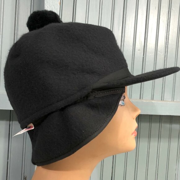 Black Fleece Hunting Trapper Pom Made In USA Ear Flaps 7 3/8 Langenberg Hat Cap - Picture 9 of 10